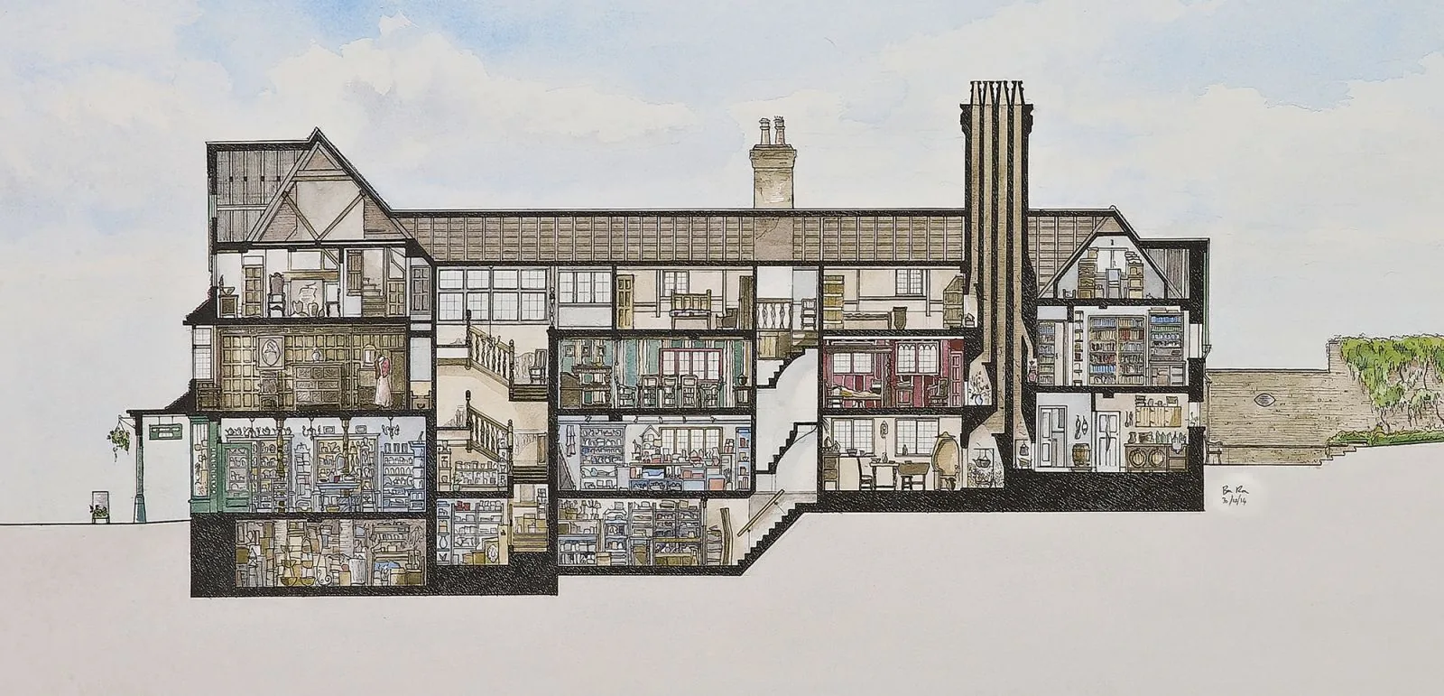 Architectural cutaway showing the rooms, staircases, basements and roof spaces of The Merchant’s House
