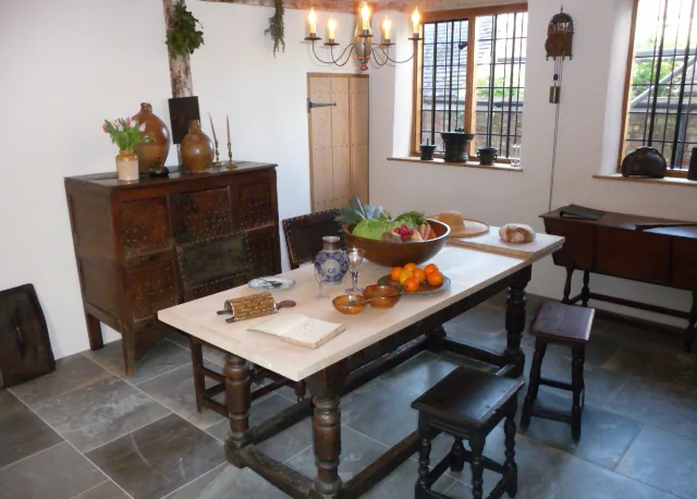 The reconstructed 17th-century kitchen and down-hearth fireplace