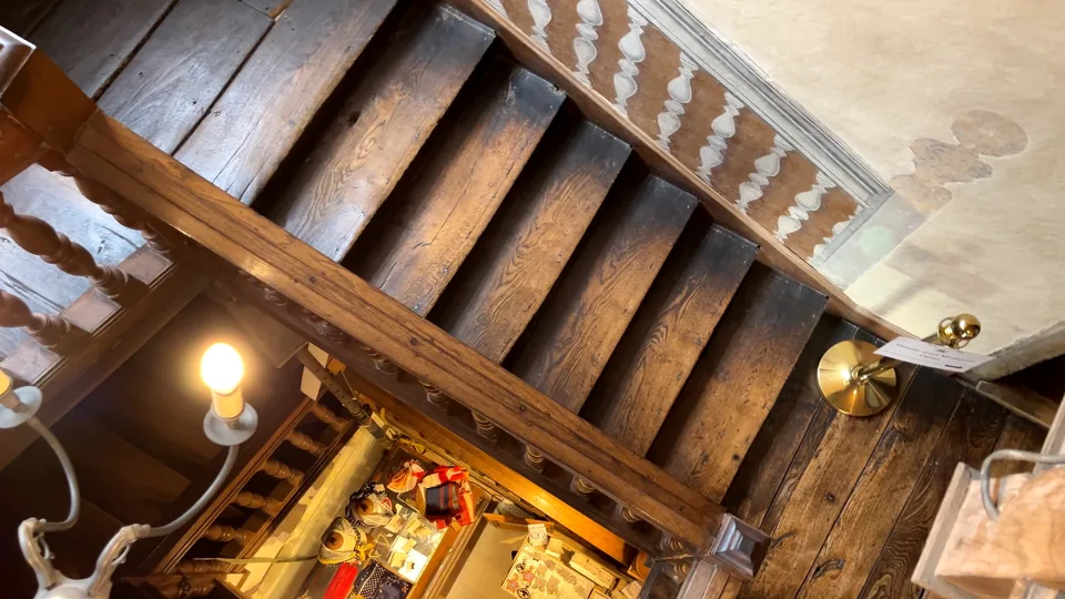 Looking down through the historic oak staircase
